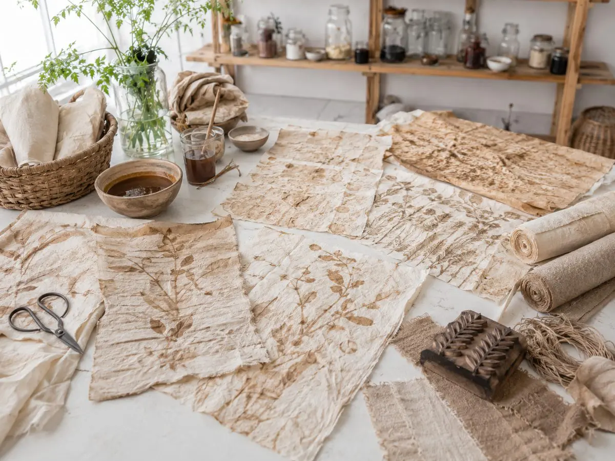 Botanische Blätterdrucke auf Papier mit einer natürlichen Kava-Färbelavur