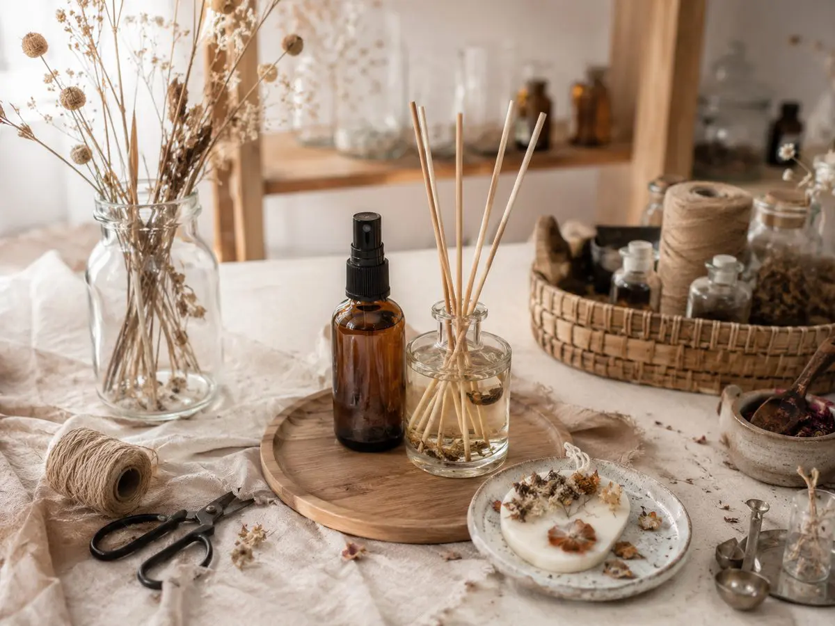 Duftstäbchen-Diffuser und botanisches Raumduft-Arrangement in erdigen Tönen